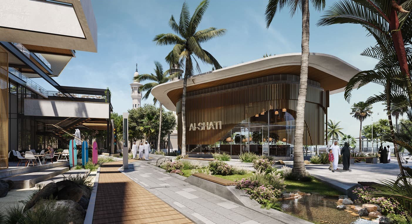 Modern outdoor commercial center in Al Khobar with palm trees, seating areas, and the Al Shati building, showcasing a blend of architecture and natural landscaping.