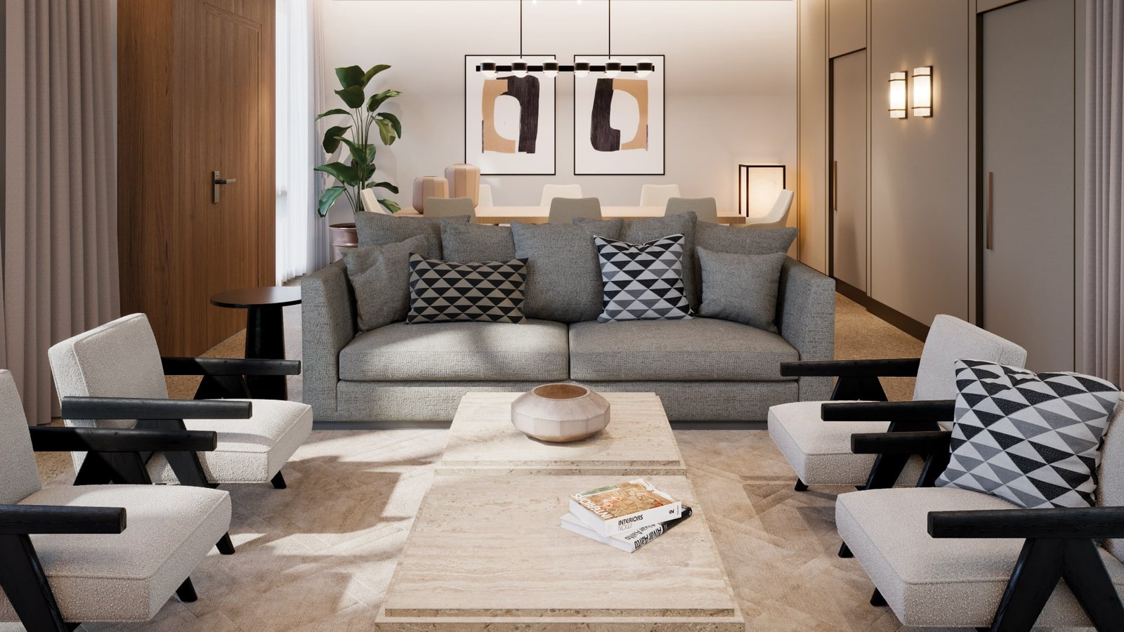 Spacious living room with plush seating, minimalist decor, and a connected dining area, exuding warmth and sophistication.