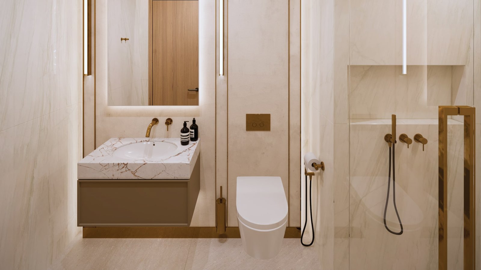 Sophisticated bathroom with marble finishes, sleek fixtures, and gold accents, creating a refined and modern aesthetic.